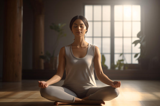 Young lady sitting in lotus position practicing mindfulness 