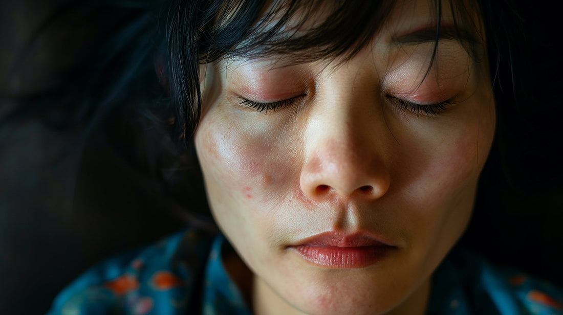 Asian woman with her eyes closed. Has eczema dry skin
