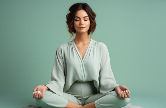 Women in a light green outfit sitting in a lotus position in front of a mint green background