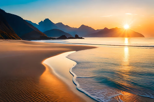 an image of a serene beach at a wellness retreat with the sun peaking over the mountains